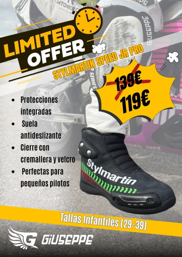 🛑 ¡ATENCIÓN MOTEROS! 🛑
🎉 ¡OFERTA DE LANZAMIENTO! 🎉

🔥 STYLMARTIN SPEED JR PRO 🔥
👟 Botas infantiles para moto
💥 ¡Protección, estilo y comodidad para los más peques!

🎯 SOLO PARA LOS 100 PRIMEROS PEDIDOS
💸 De 139€ a SOLO 119€
📦 ¡Reserva YA y no te quedes sin las tuyas!

🧒 Tallas infantiles: del 29 al 39
🛡️ Protecciones integradas
🧲 Suela antideslizante
🔒 Cierre con cremallera + velcro
🏍️ ¡Perfectas para pequeños pilotos!

📲 Escríbenos por privado para más info
🚚 Envíos a toda España
🟢 BAJO PEDIDO